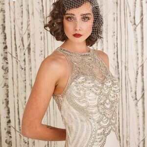 Silver Beaded Illusion Neckline Gown for Bride